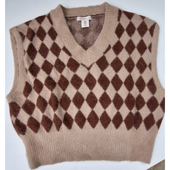 Sincerely Jules Fuzzy V neck Argyle Sweater Vest Brown Tan Size M Academia - Picture 1 of 8